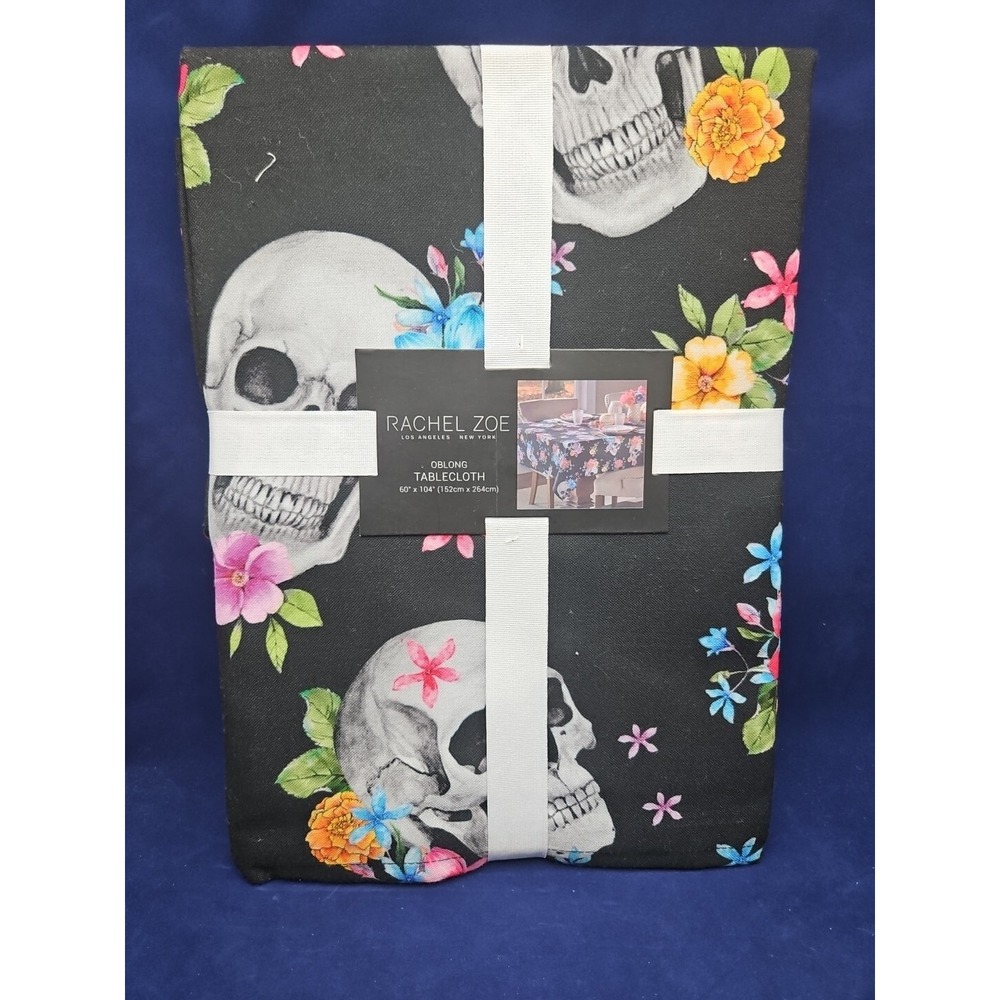 Rachel Zoe Halloween 60"X104" Black Fabric Sculls Multicolor Flowers Tablecloth